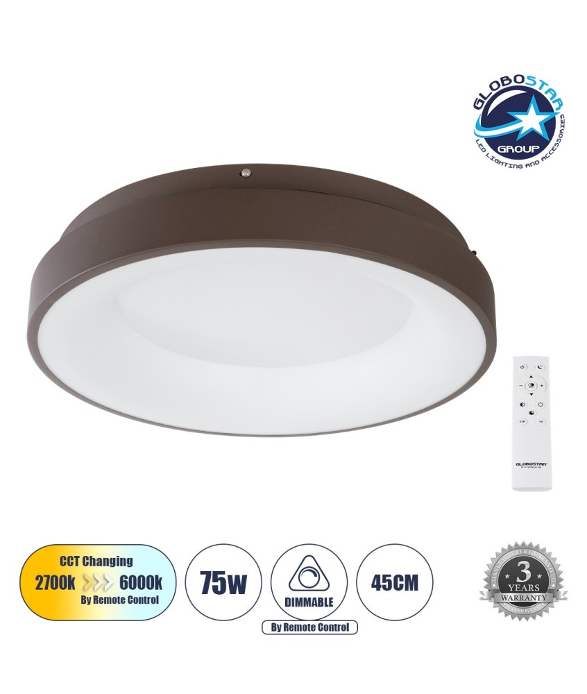 GLOBOSTAR® SALEM 61236 Μοντέρνο Φωτιστικό Οροφής LED 75W 8625lm 120° AC 220-240V IP20 Ρυθμιζόμενο Λευκό CCT με Χειριστήριο από 2700K έως 6000K Dimmable - Lumileds SMD Chip - Καφέ Ματ - Μ45 x Π45 x Υ8.5cm - 3 Χρόνια Εγγύηση